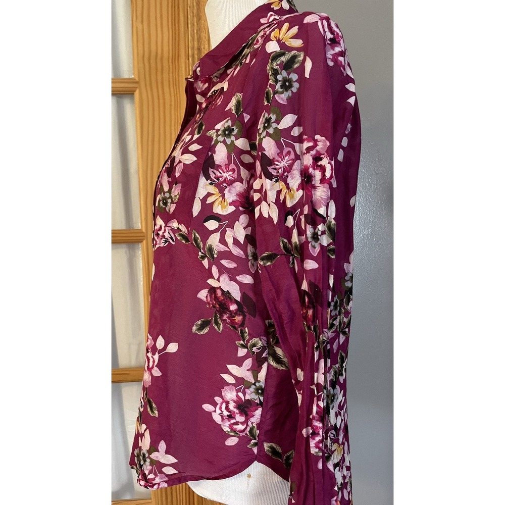 WHBM Silk Blend Floral Blouse Womens Sz 4 Pink Purple Button Up Cottagecore Boho - Picture 3 of 13